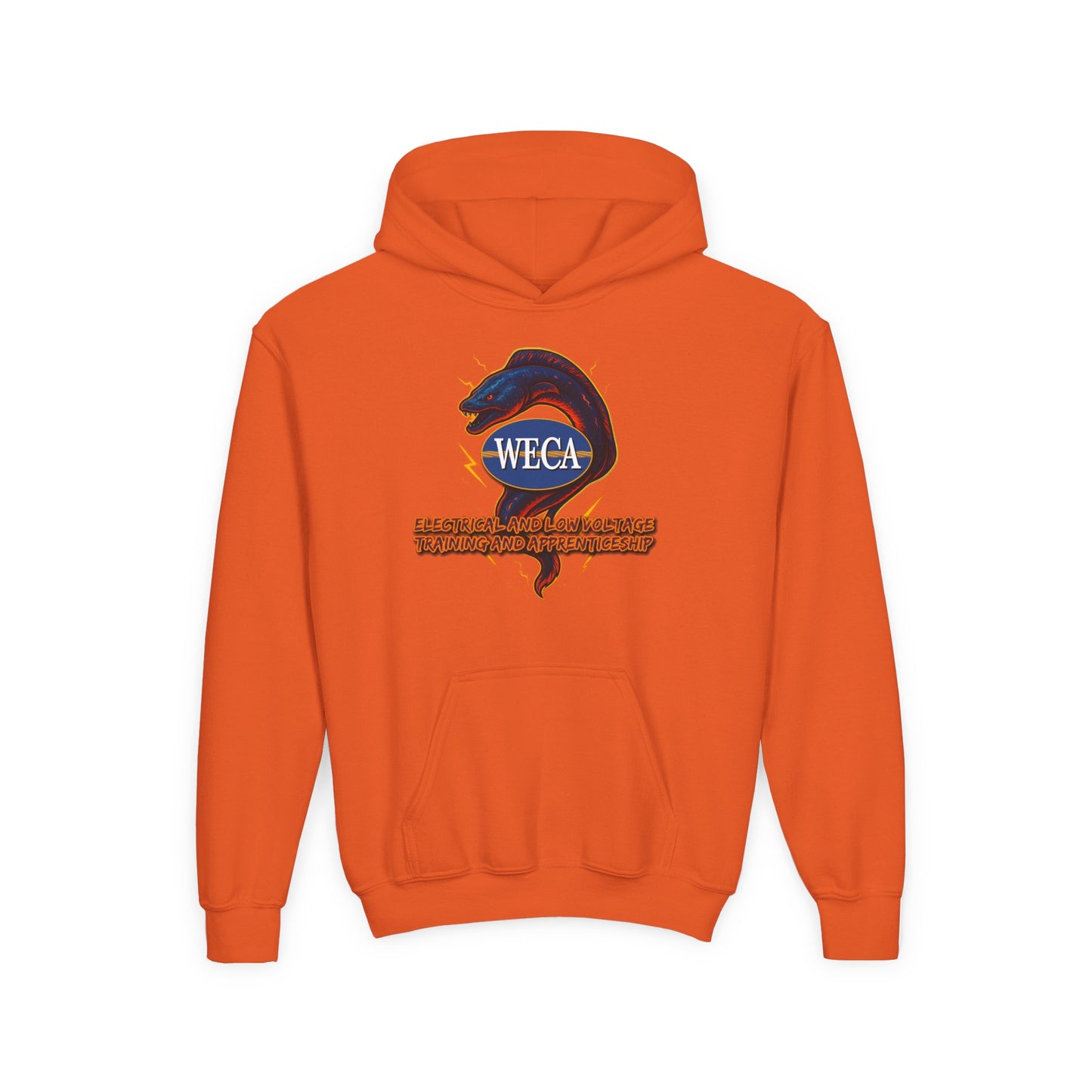 YOUTH Heavy Blend Hooded Sweatshirt with WECA Electric Eel Blue Design