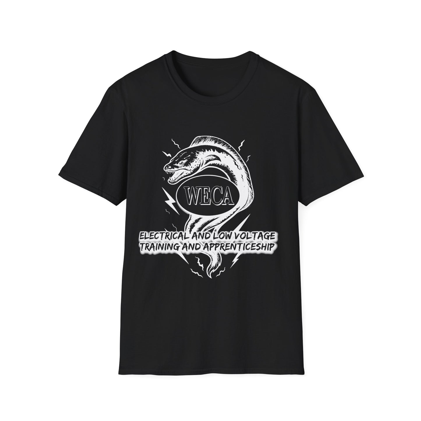 Unisex Softstyle T-Shirt with with WECA Electric Eel Mascot White Line Logo Design Two