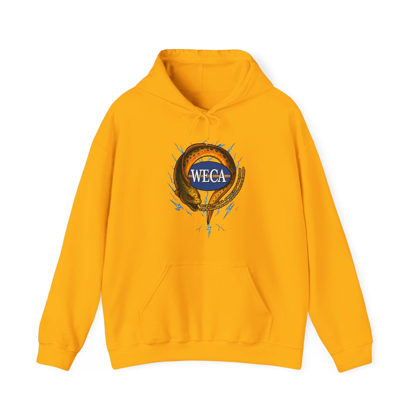 Unisex Heavy Blend™ Hooded Sweatshirt with WECA Electric Eel Mascot Gold Logo