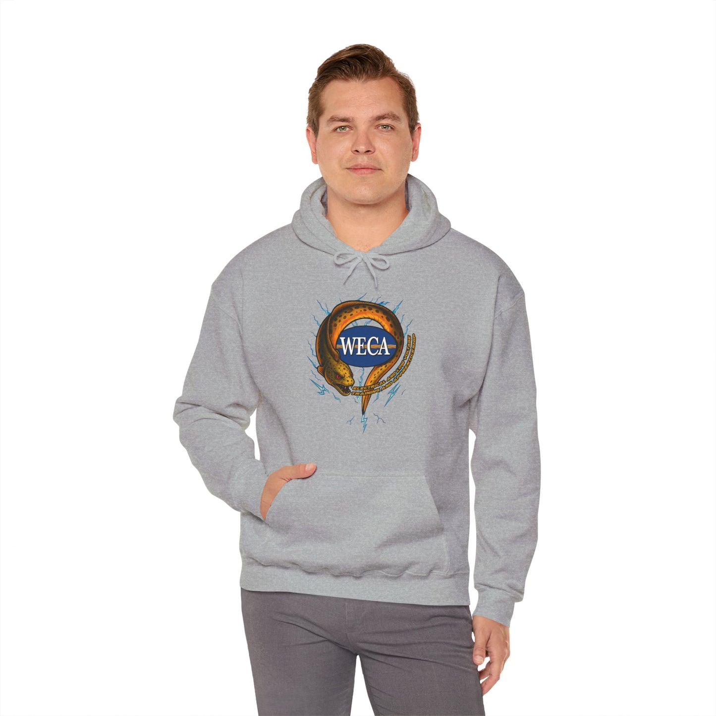 Unisex Heavy Blend™ Hooded Sweatshirt with WECA Electric Eel Mascot Gold Logo