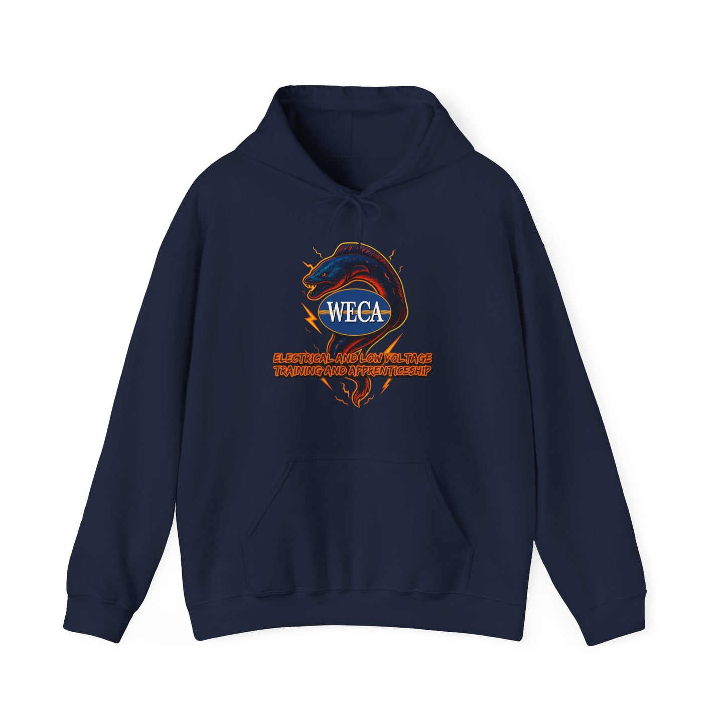 Unisex Heavy Blend™ Hooded Sweatshirt with WECA Electric Eel Blue Mascot Logo