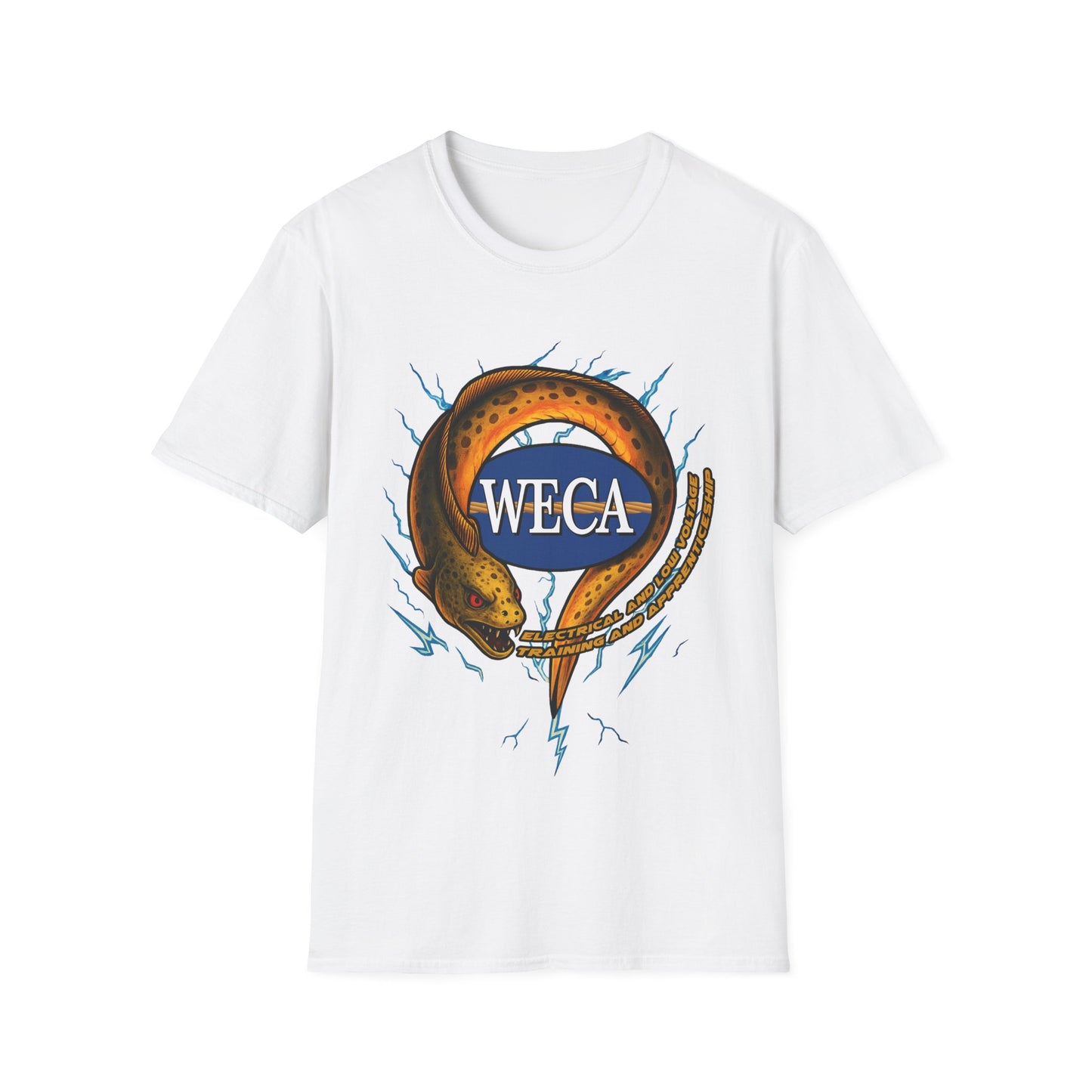 Unisex Softstyle T-Shirt with with WECA Electric Eel Mascot Gold Logo