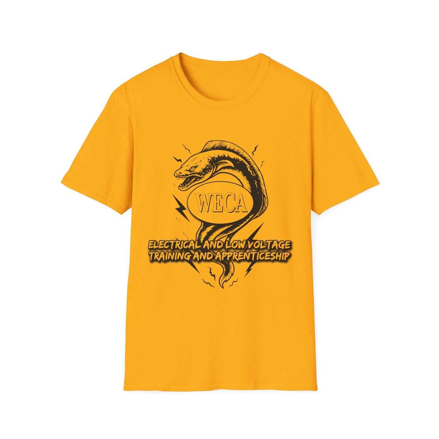 Unisex Softstyle T-Shirt with with WECA Wattson the Electric Eel Mascot Black Line Logo Design Two