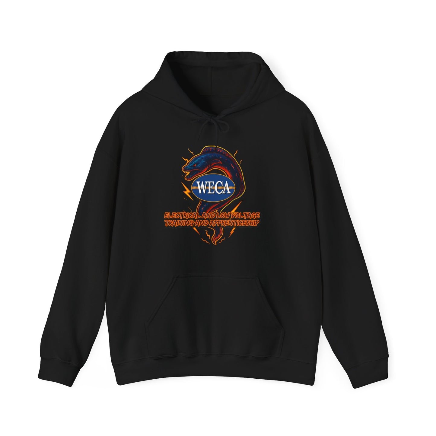 Unisex Heavy Blend™ Hooded Sweatshirt with WECA Electric Eel Blue Mascot Logo