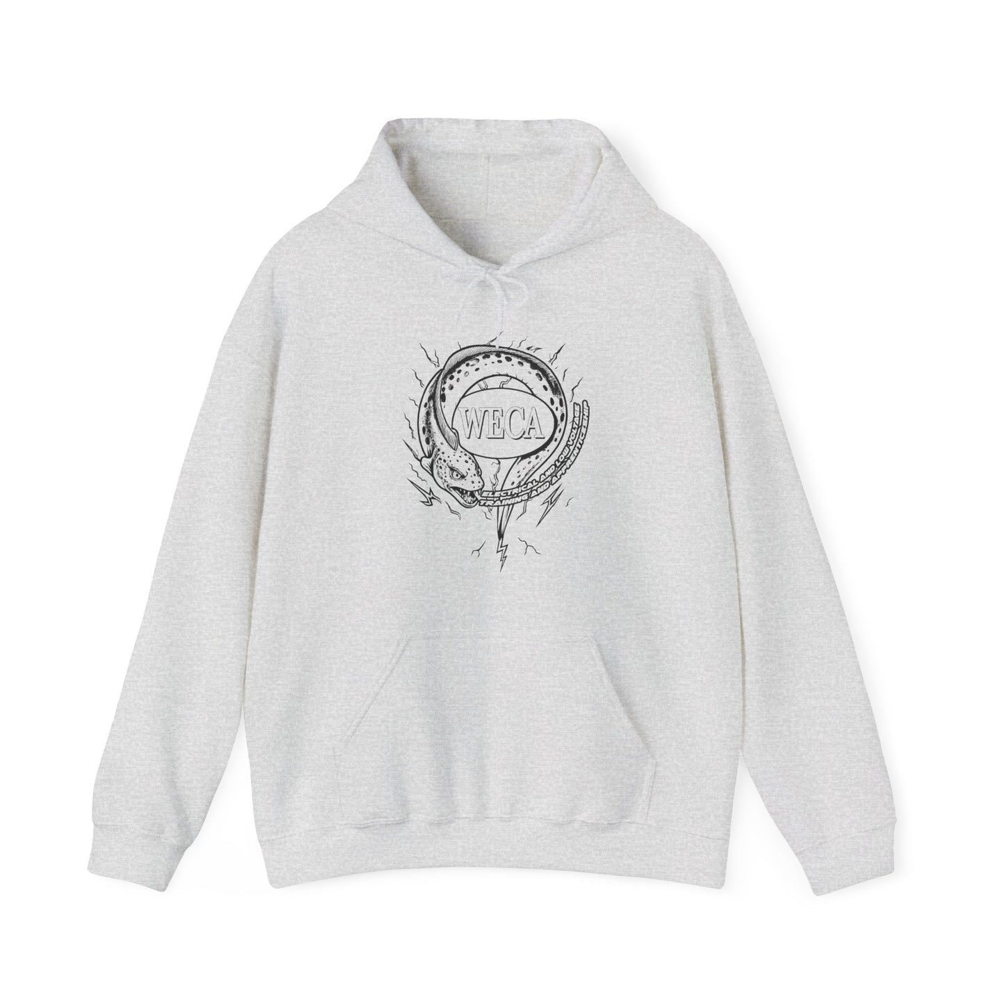 Unisex Heavy Blend™ Hooded Sweatshirt with WECA Electric Eel Mascot Black Line Logo Design