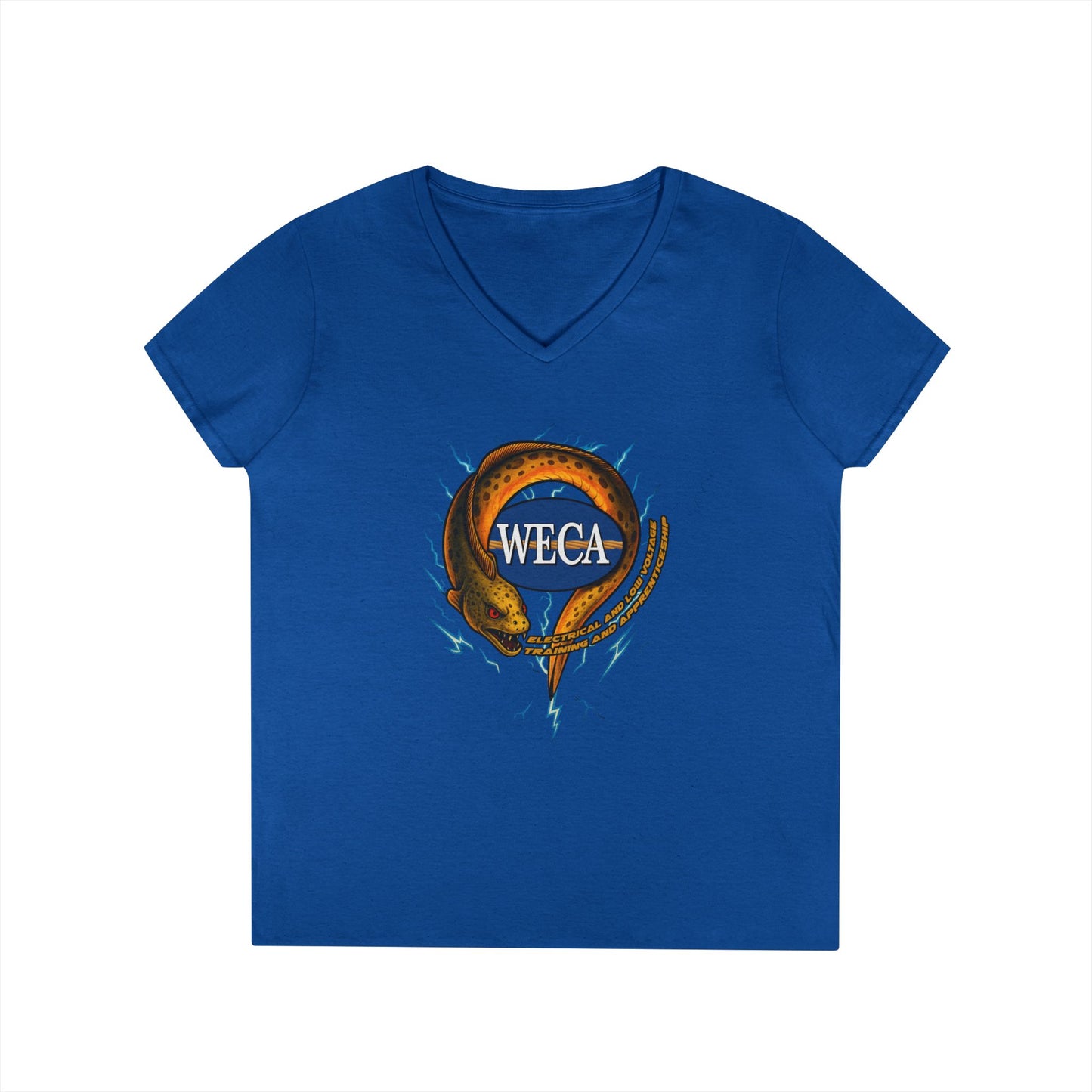 Ladies' Cut V-Neck T-Shirt with WECA Electric Eel Mascot Gold Design