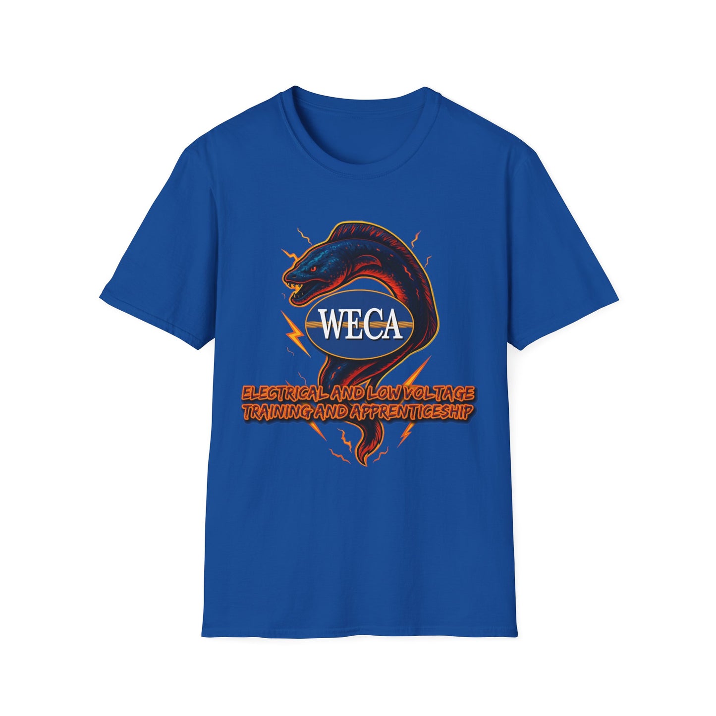 Unisex Softstyle T-Shirt with with WECA Electric Eel Mascot Blue Logo