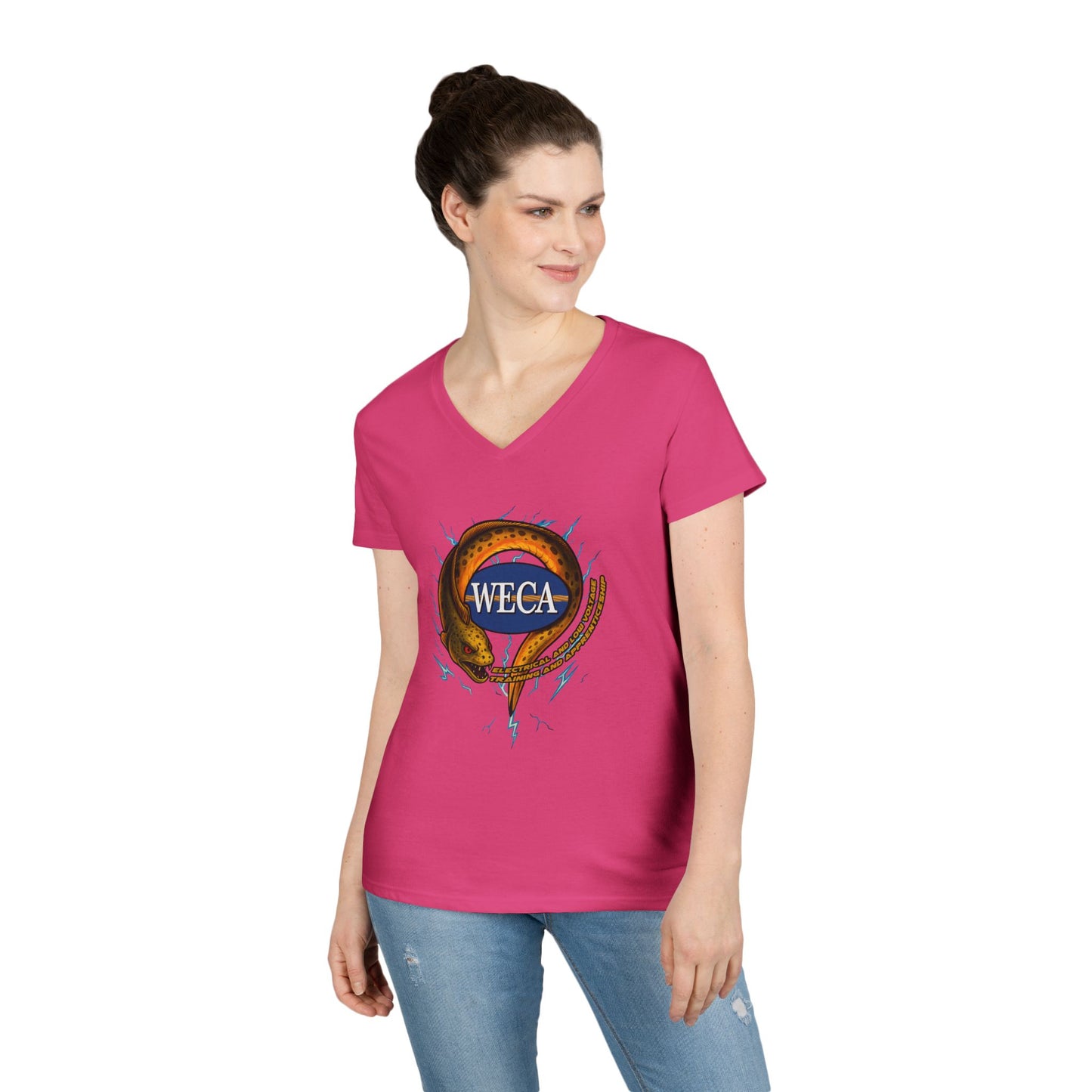 Ladies' Cut V-Neck T-Shirt with WECA Electric Eel Mascot Gold Design