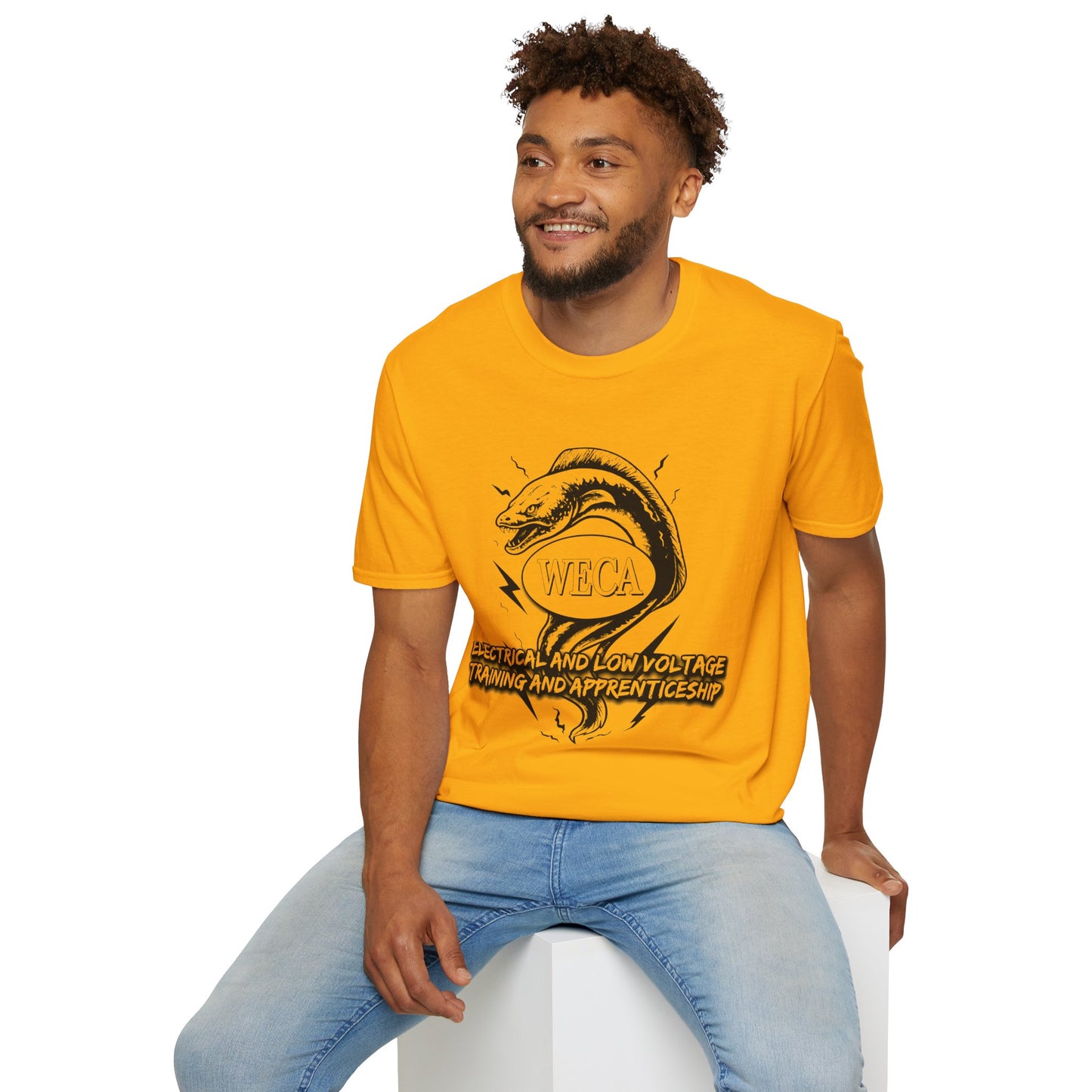 Unisex Softstyle T-Shirt with with WECA Wattson the Electric Eel Mascot Black Line Logo Design Two