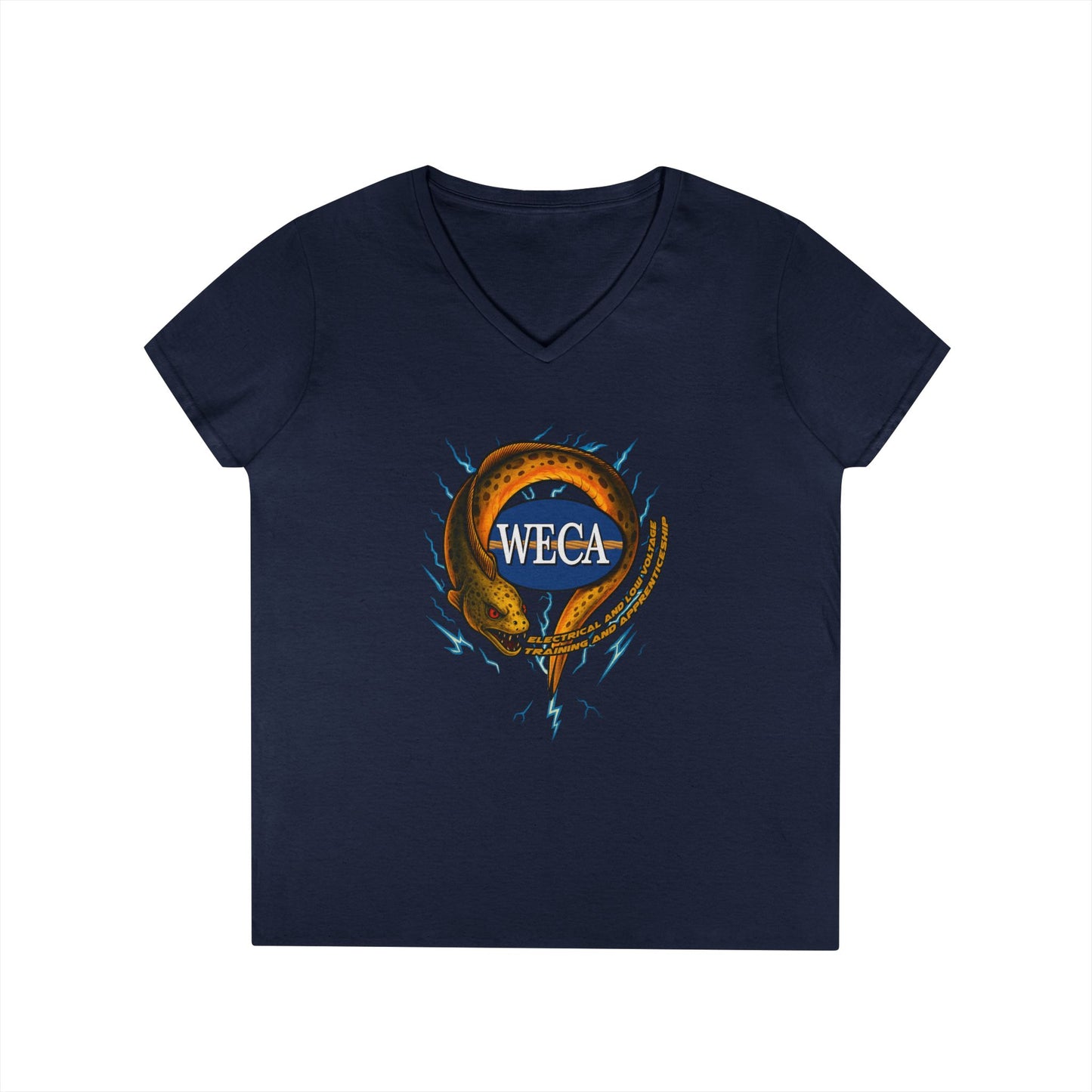 Ladies' Cut V-Neck T-Shirt with WECA Electric Eel Mascot Gold Design