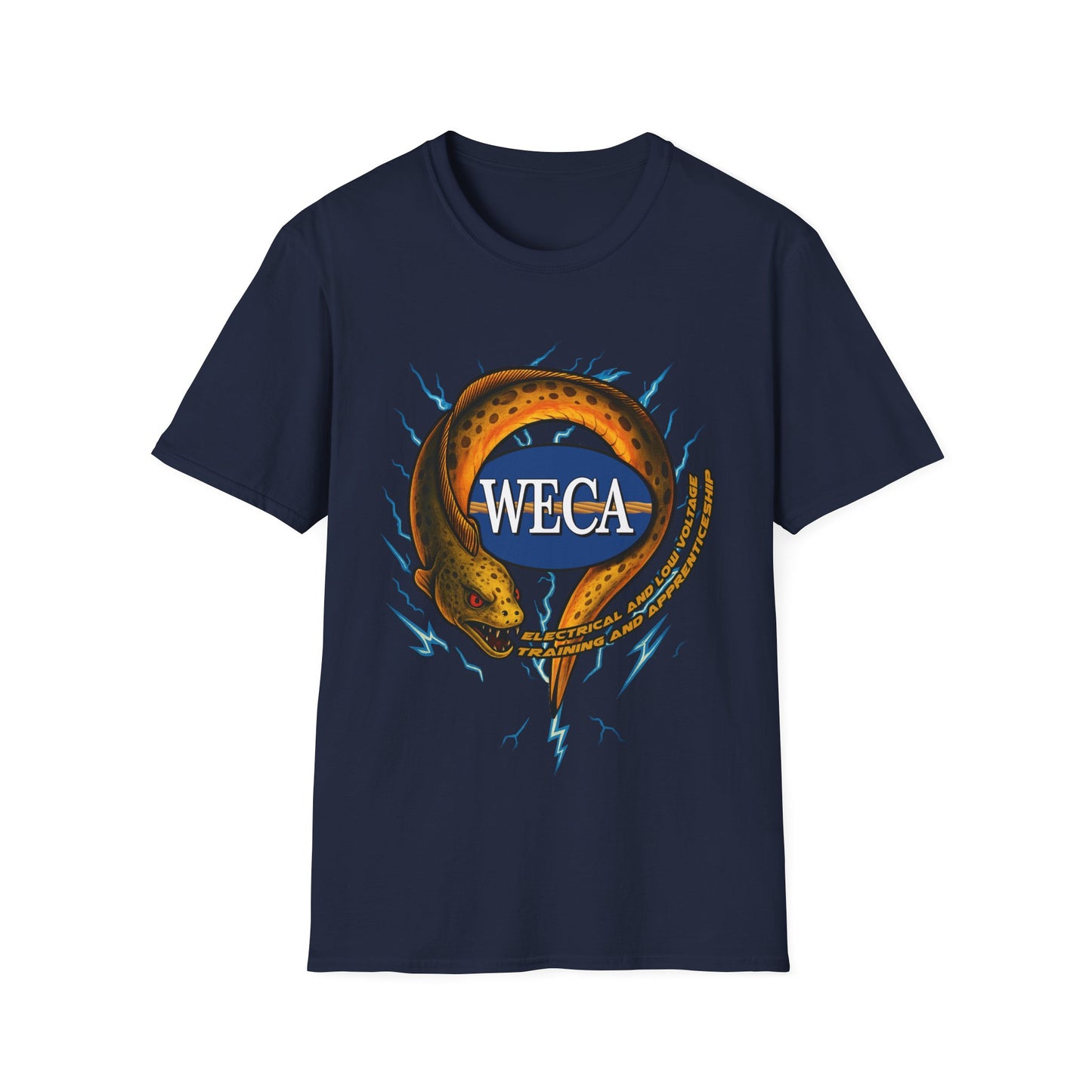 Unisex Softstyle T-Shirt with with WECA Electric Eel Mascot Gold Logo