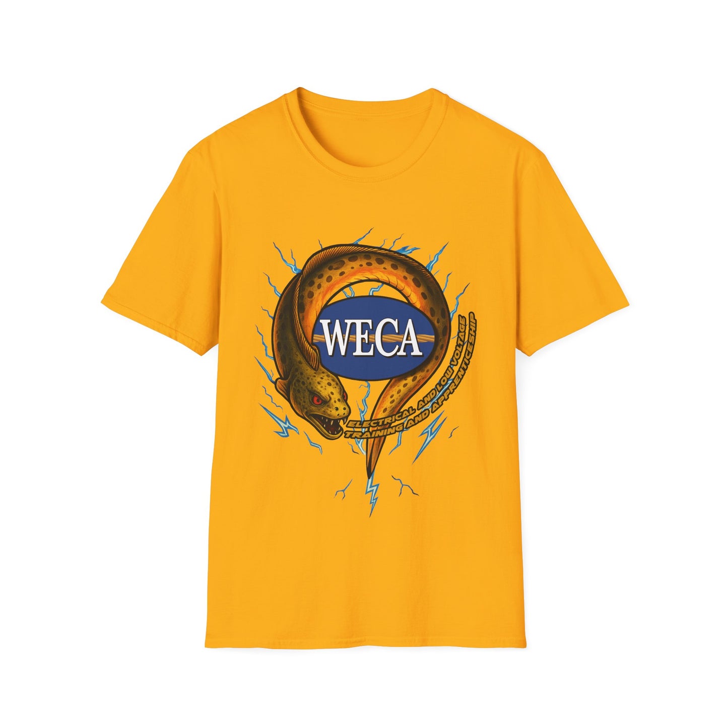 Unisex Softstyle T-Shirt with with WECA Electric Eel Mascot Gold Logo