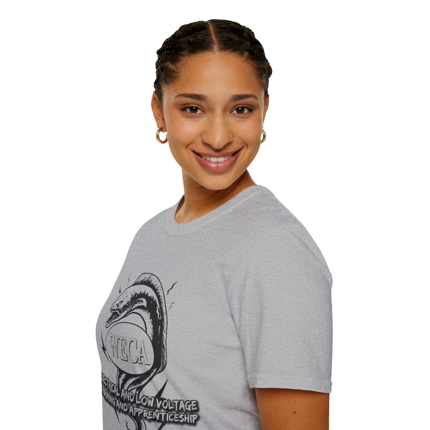 Unisex Softstyle T-Shirt with with WECA Wattson the Electric Eel Mascot Black Line Logo Design Two