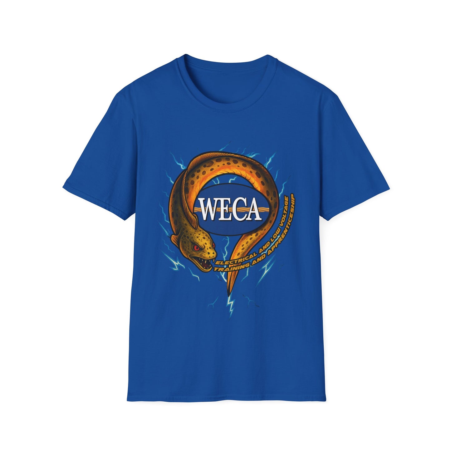 Unisex Softstyle T-Shirt with with WECA Electric Eel Mascot Gold Logo