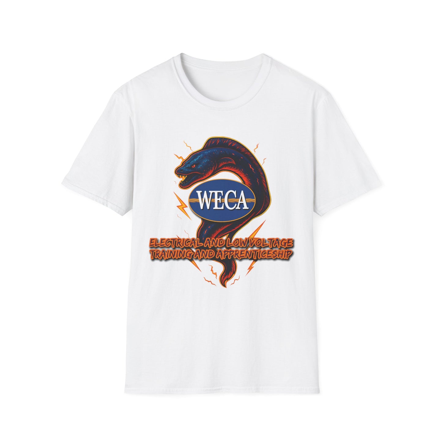 Unisex Softstyle T-Shirt with with WECA Electric Eel Mascot Blue Logo