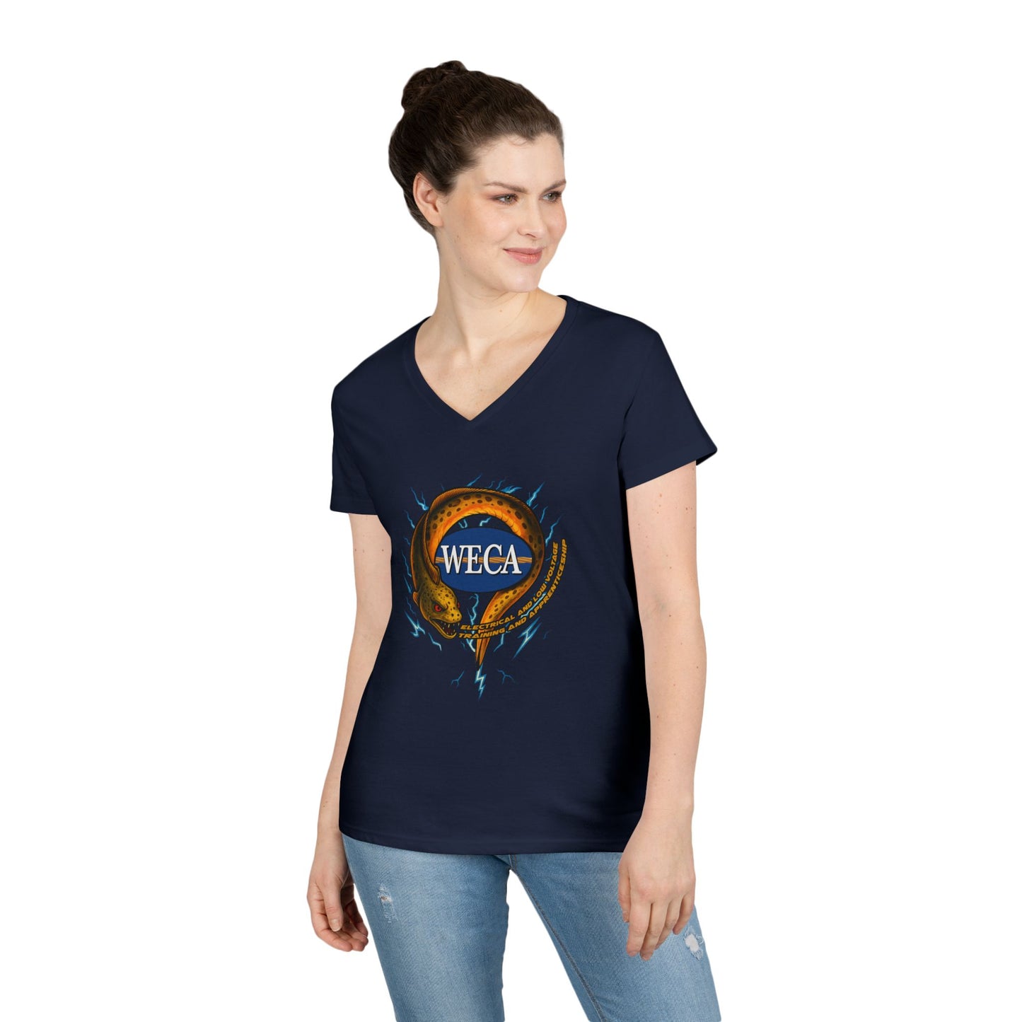 Ladies' Cut V-Neck T-Shirt with WECA Electric Eel Mascot Gold Design