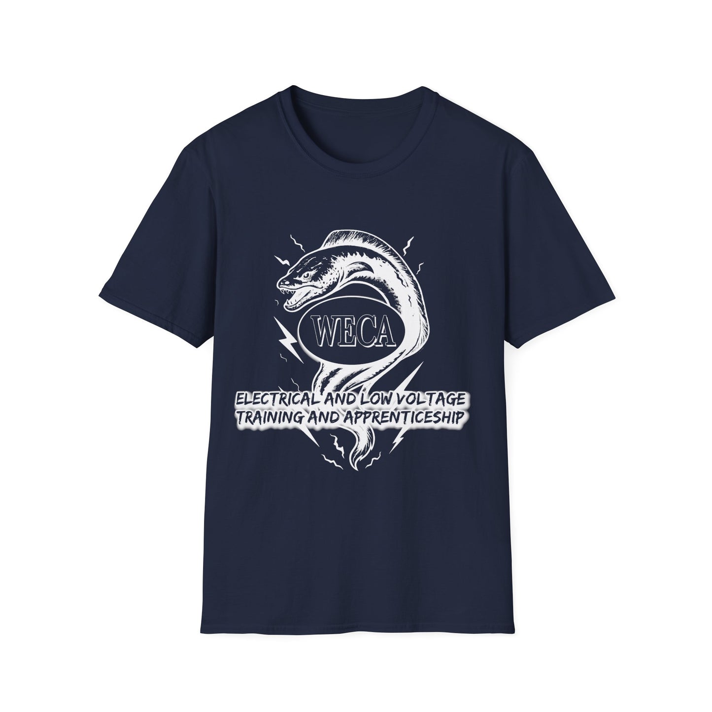Unisex Softstyle T-Shirt with with WECA Electric Eel Mascot White Line Logo Design Two