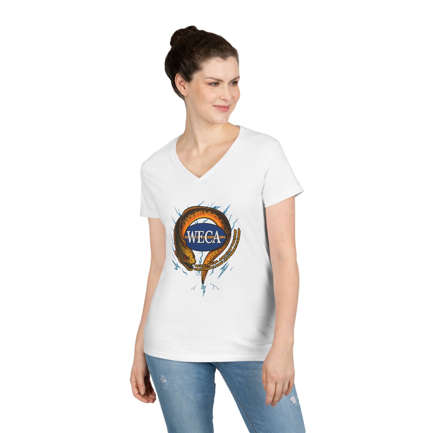 Ladies' Cut V-Neck T-Shirt with WECA Electric Eel Mascot Gold Design
