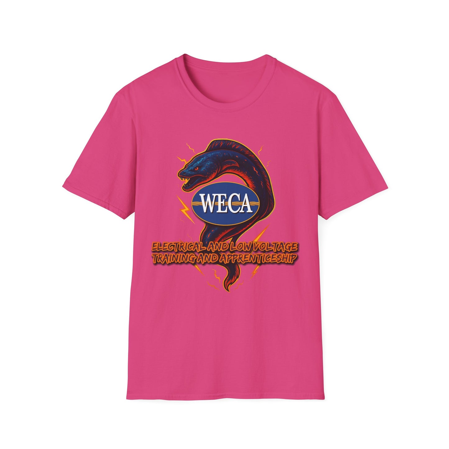 Unisex Softstyle T-Shirt with with WECA Electric Eel Mascot Blue Logo