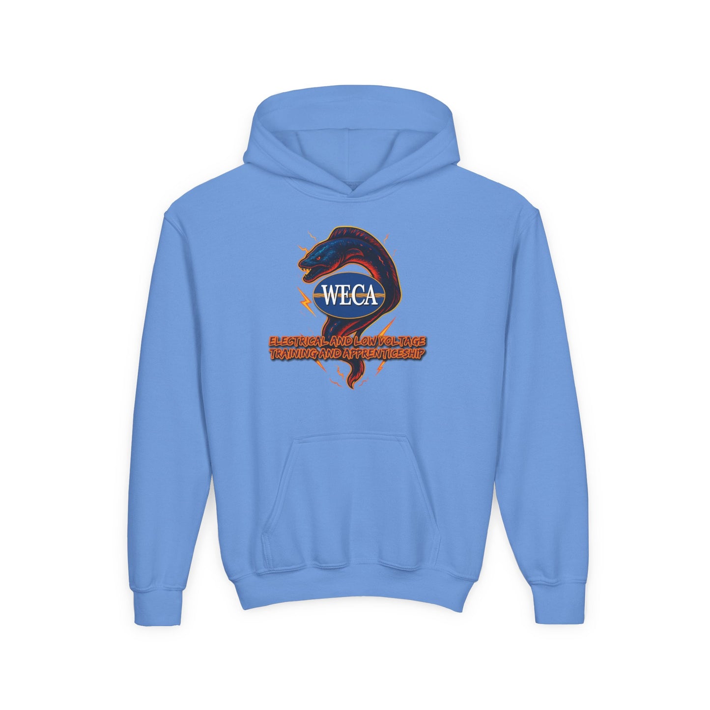 YOUTH Heavy Blend Hooded Sweatshirt with WECA Electric Eel Blue Design