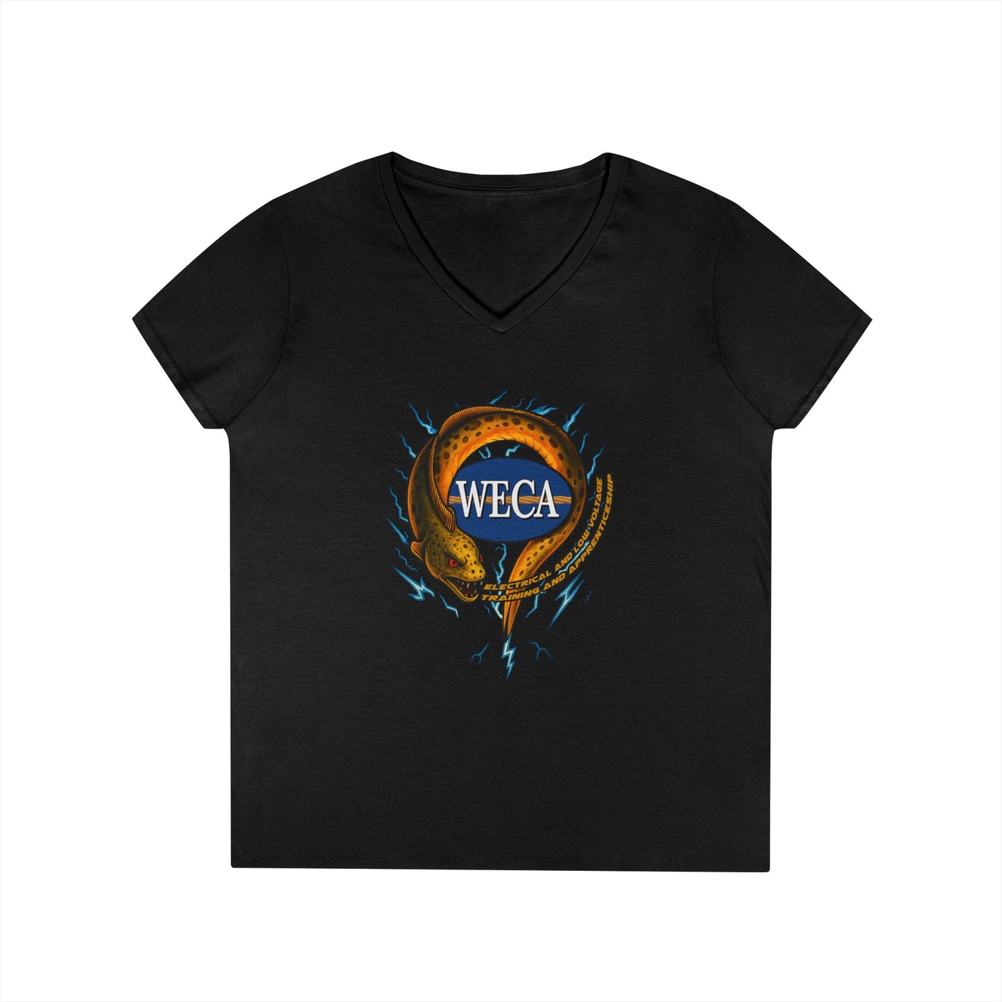 Ladies' Cut V-Neck T-Shirt with WECA Electric Eel Mascot Gold Design