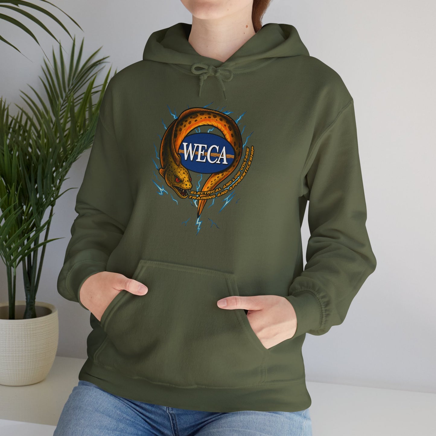 Unisex Heavy Blend™ Hooded Sweatshirt with WECA Electric Eel Mascot Gold Logo