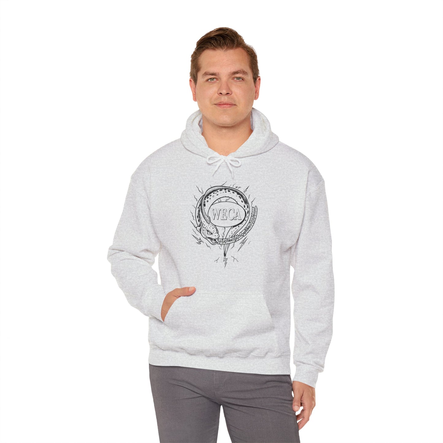 Unisex Heavy Blend™ Hooded Sweatshirt with WECA Electric Eel Mascot Black Line Logo Design
