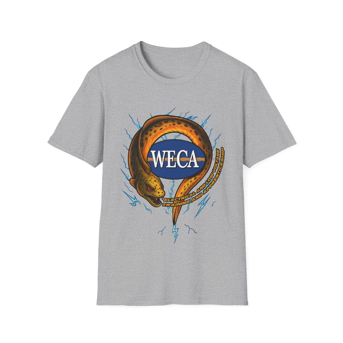 Unisex Softstyle T-Shirt with with WECA Electric Eel Mascot Gold Logo