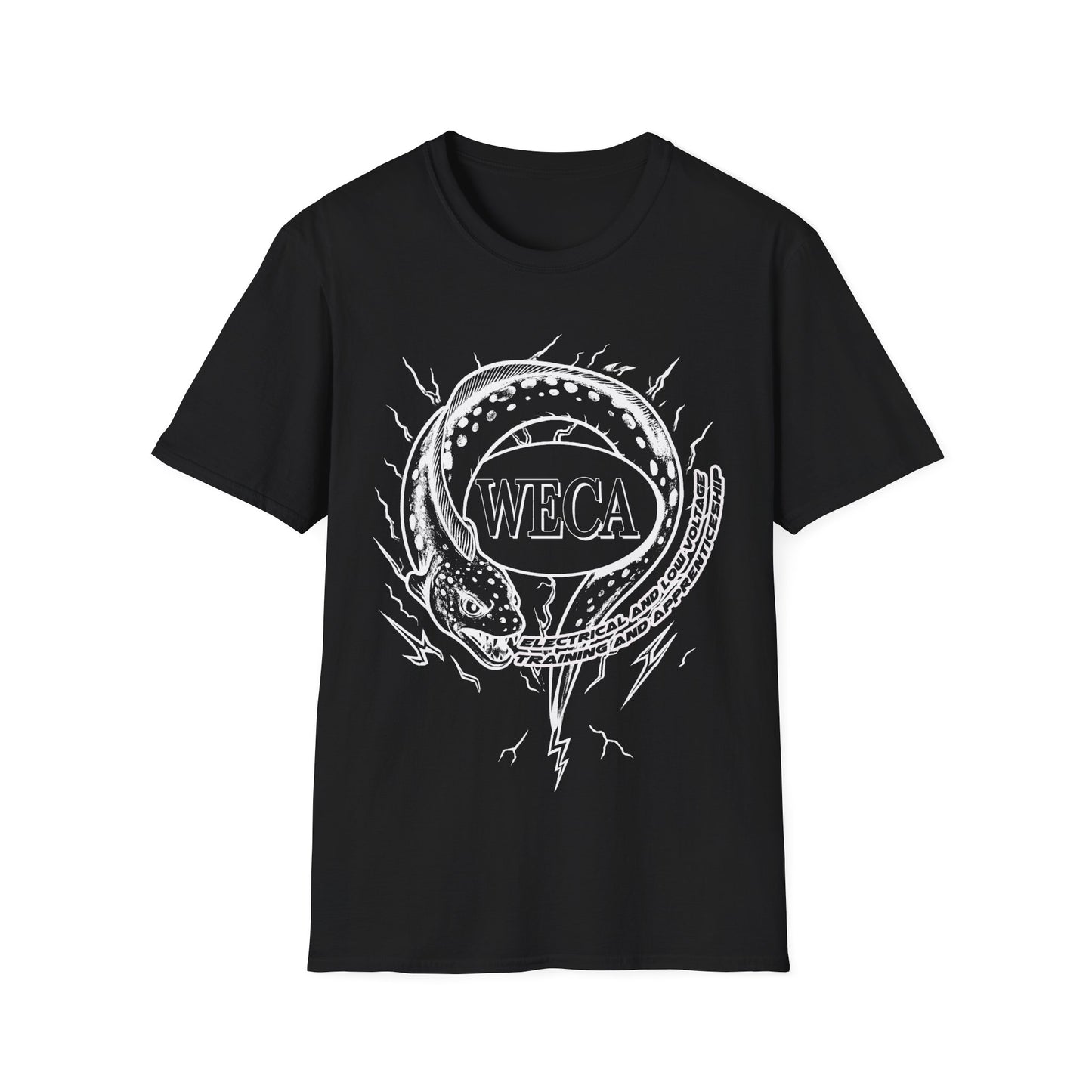 Unisex Softstyle T-Shirt with with WECA Electric Eel Mascot White Line Logo
