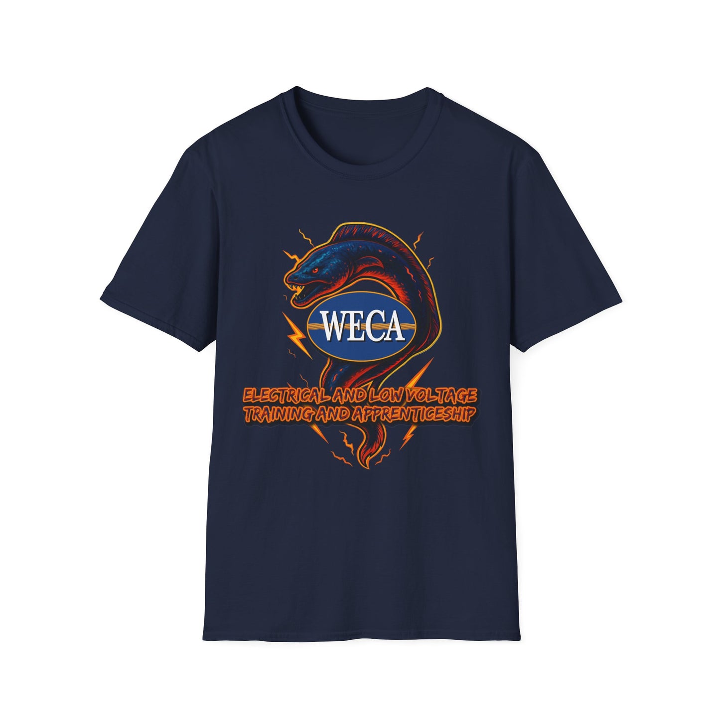 Unisex Softstyle T-Shirt with with WECA Electric Eel Mascot Blue Logo
