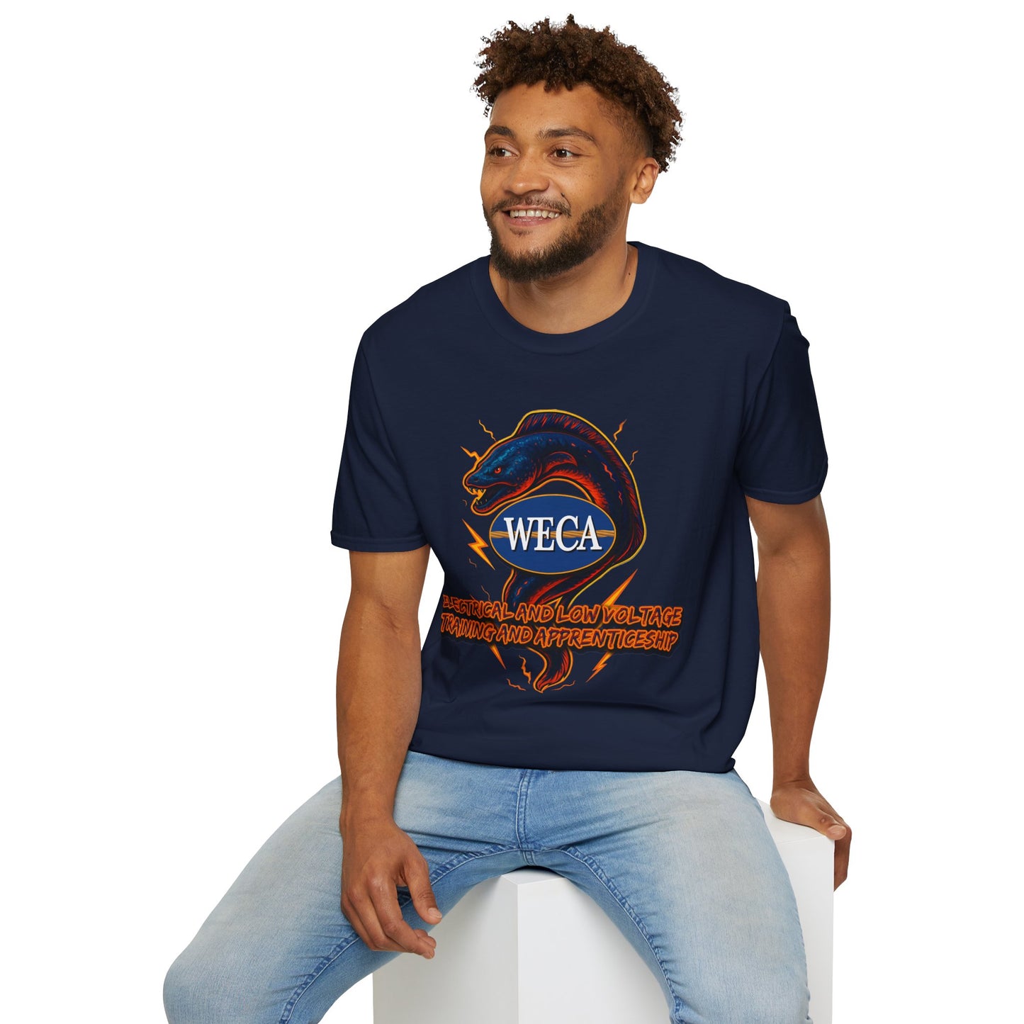 Unisex Softstyle T-Shirt with with WECA Electric Eel Mascot Blue Logo