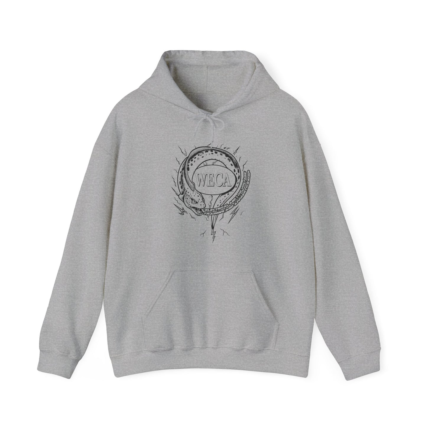 Unisex Heavy Blend™ Hooded Sweatshirt with WECA Electric Eel Mascot Black Line Logo Design