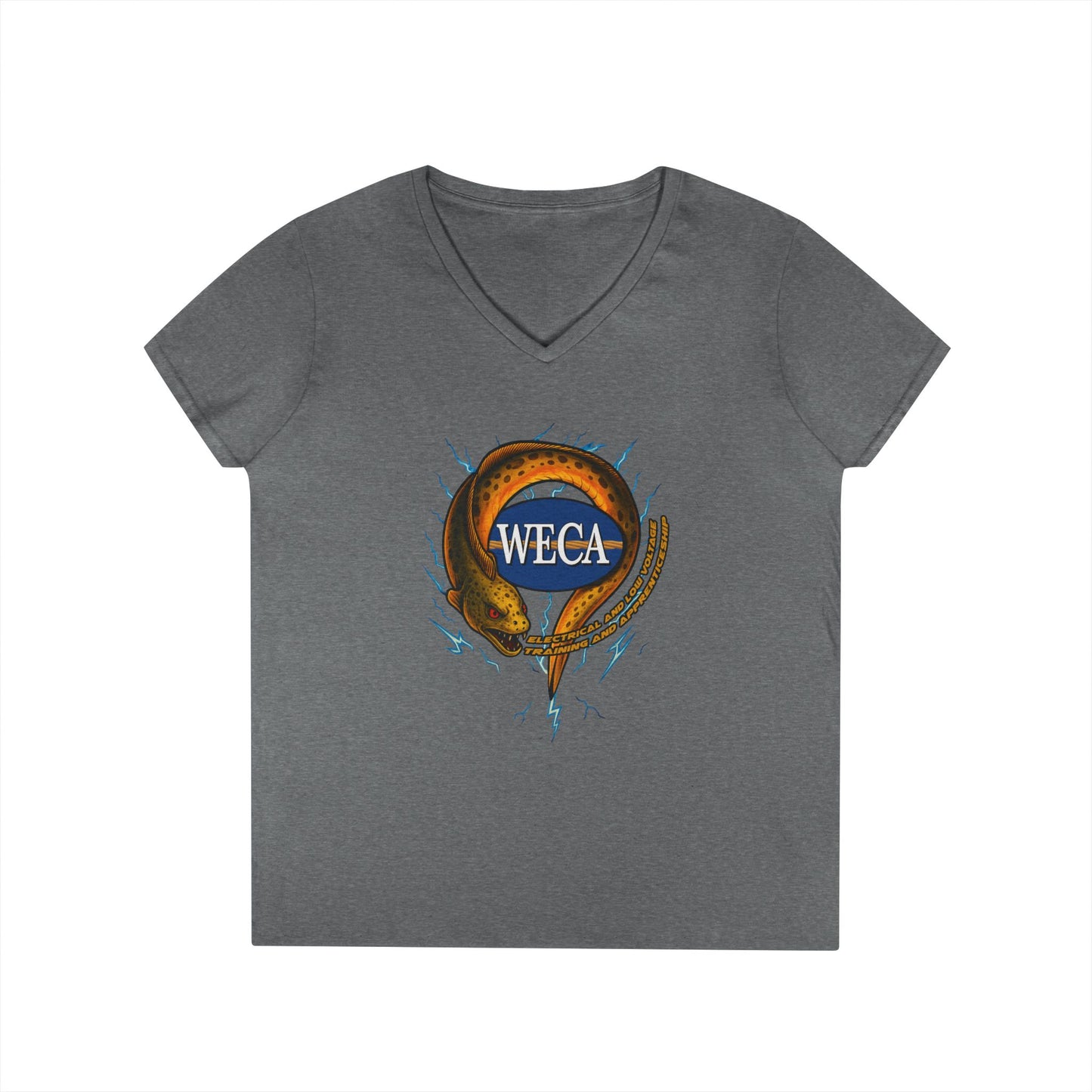 Ladies' Cut V-Neck T-Shirt with WECA Electric Eel Mascot Gold Design