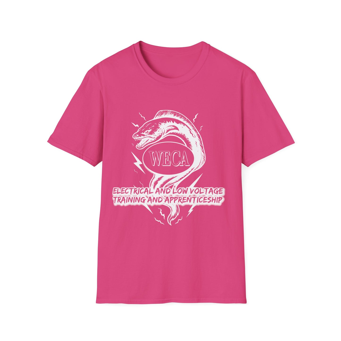Unisex Softstyle T-Shirt with with WECA Electric Eel Mascot White Line Logo Design Two