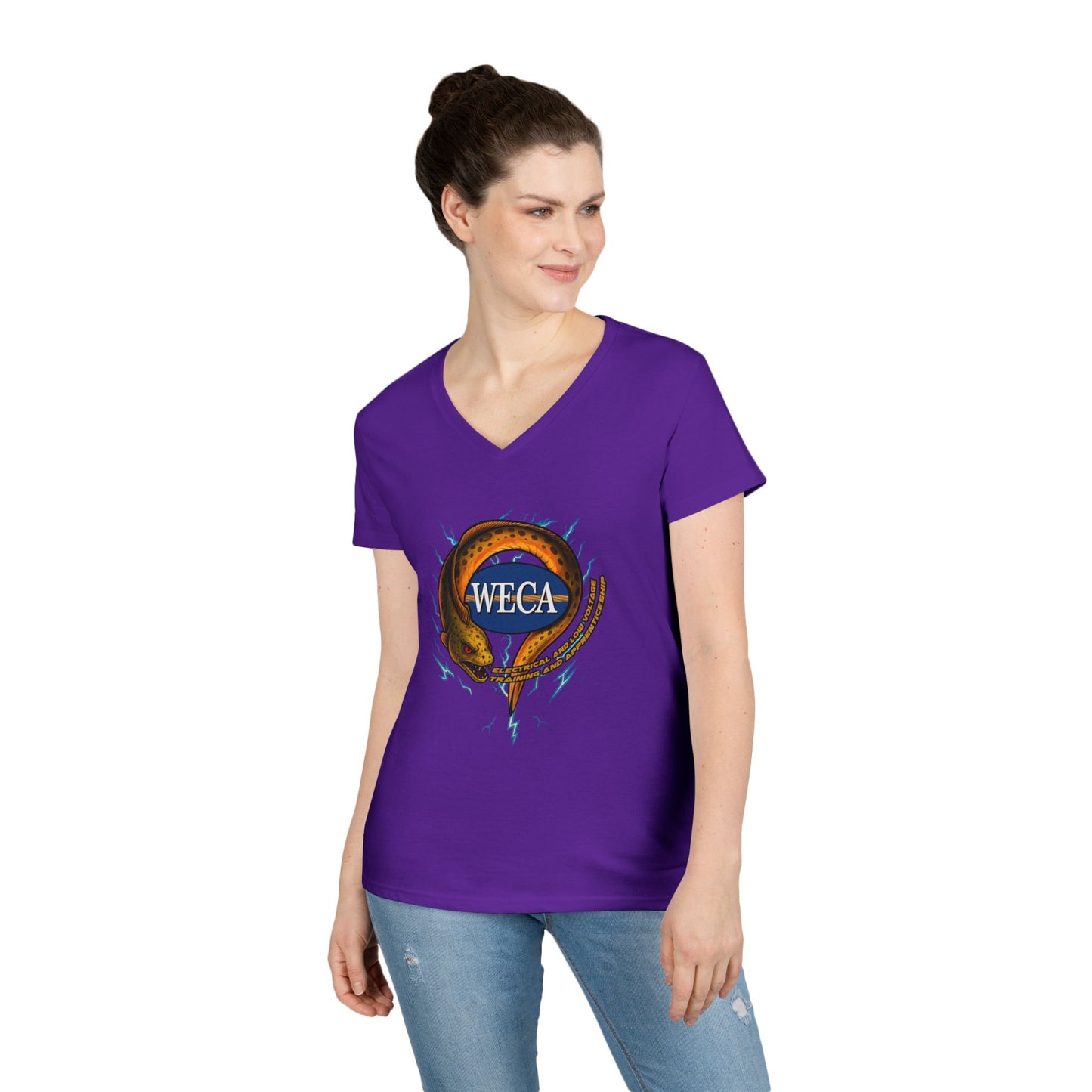 Ladies' Cut V-Neck T-Shirt with WECA Electric Eel Mascot Gold Design