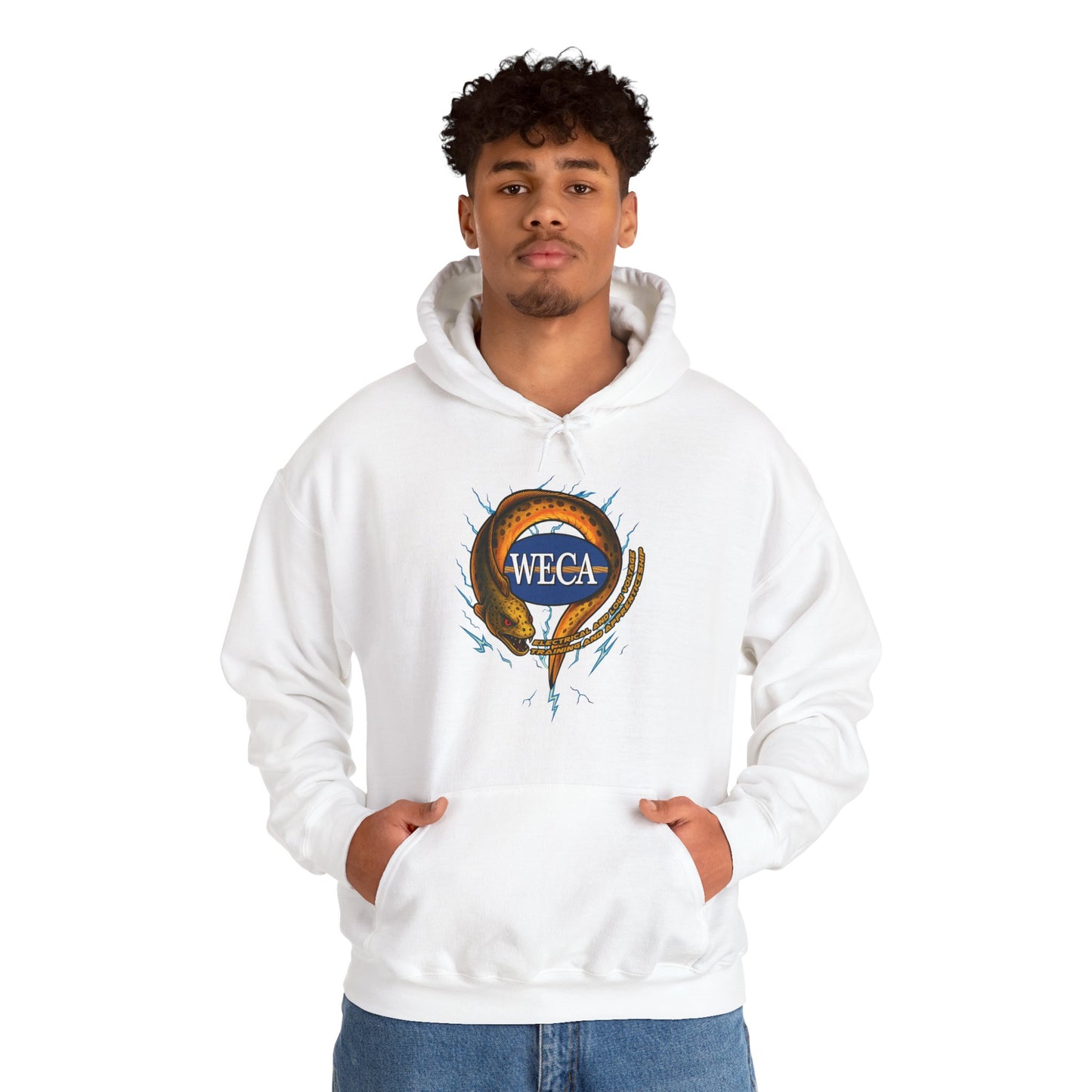Unisex Heavy Blend™ Hooded Sweatshirt with WECA Electric Eel Mascot Gold Logo