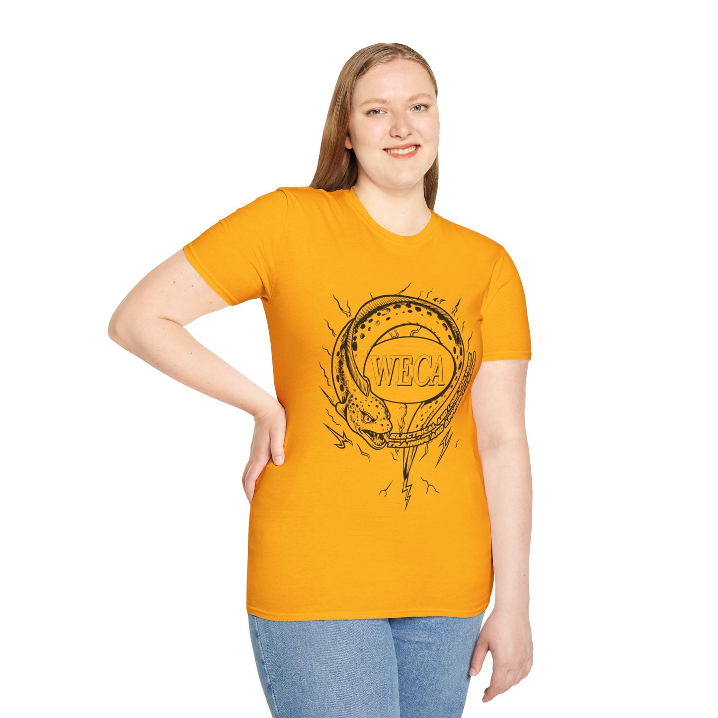 Unisex Softstyle T-Shirt with with WECA Electric Eel Mascot Black Line Logo