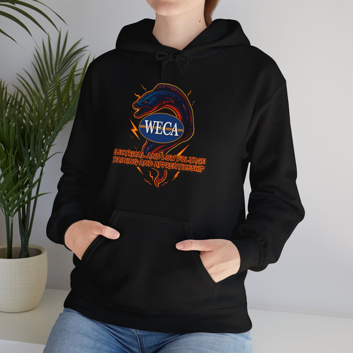 Unisex Heavy Blend™ Hooded Sweatshirt with WECA Electric Eel Blue Mascot Logo