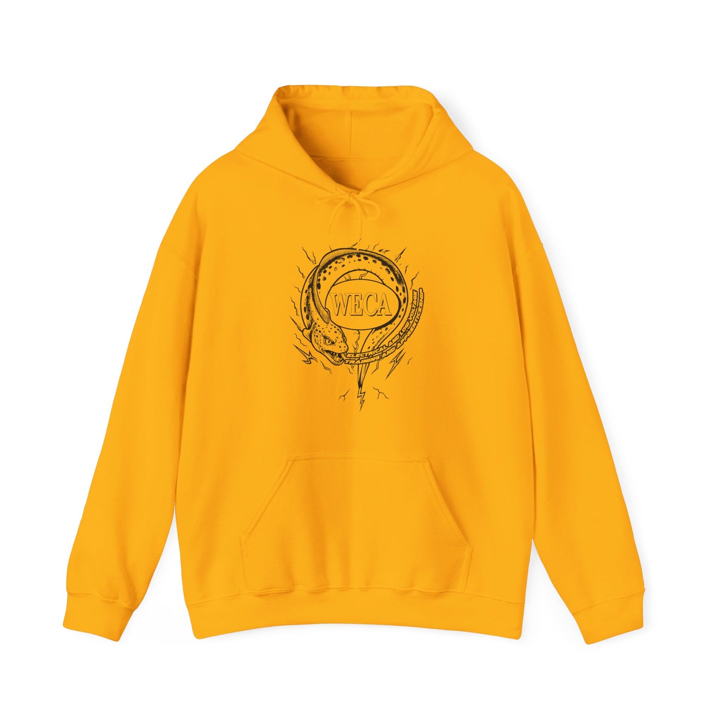 Unisex Heavy Blend™ Hooded Sweatshirt with WECA Electric Eel Mascot Black Line Logo Design