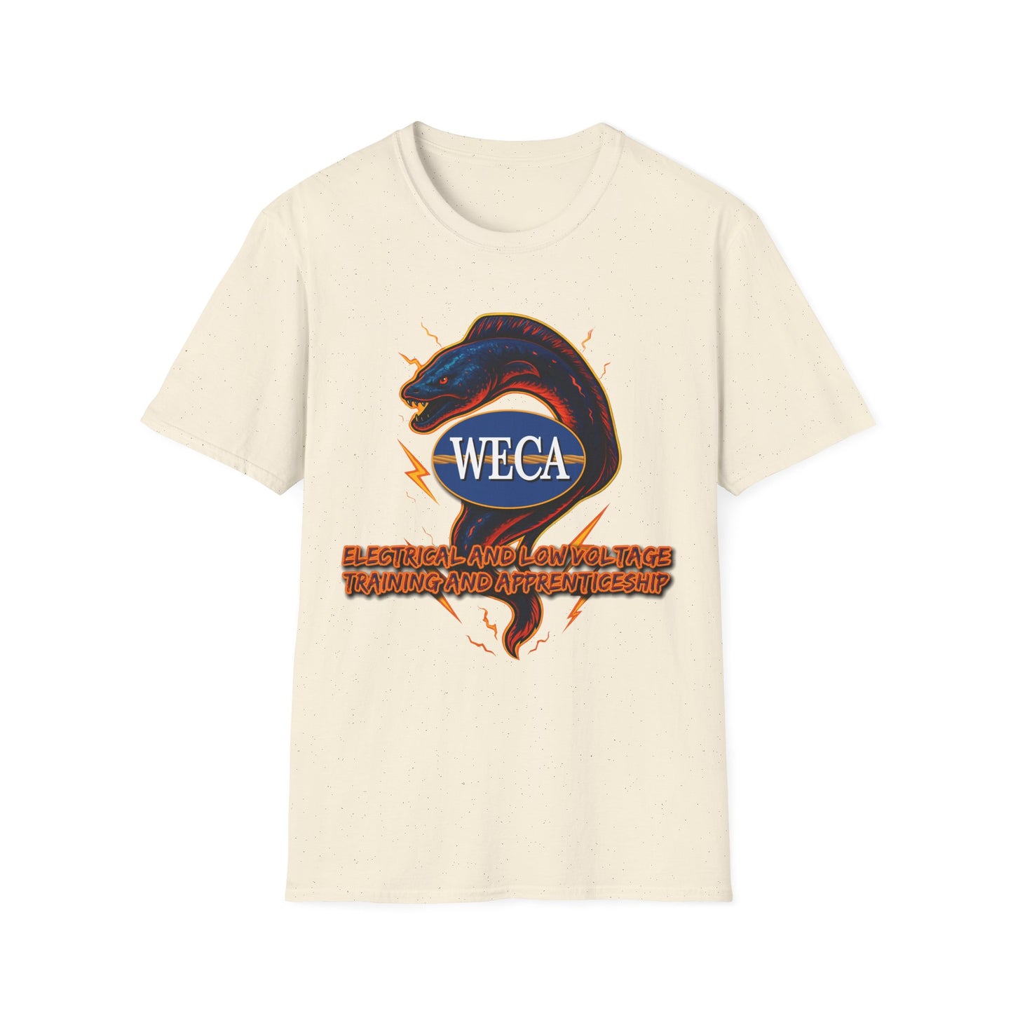 Unisex Softstyle T-Shirt with with WECA Electric Eel Mascot Blue Logo