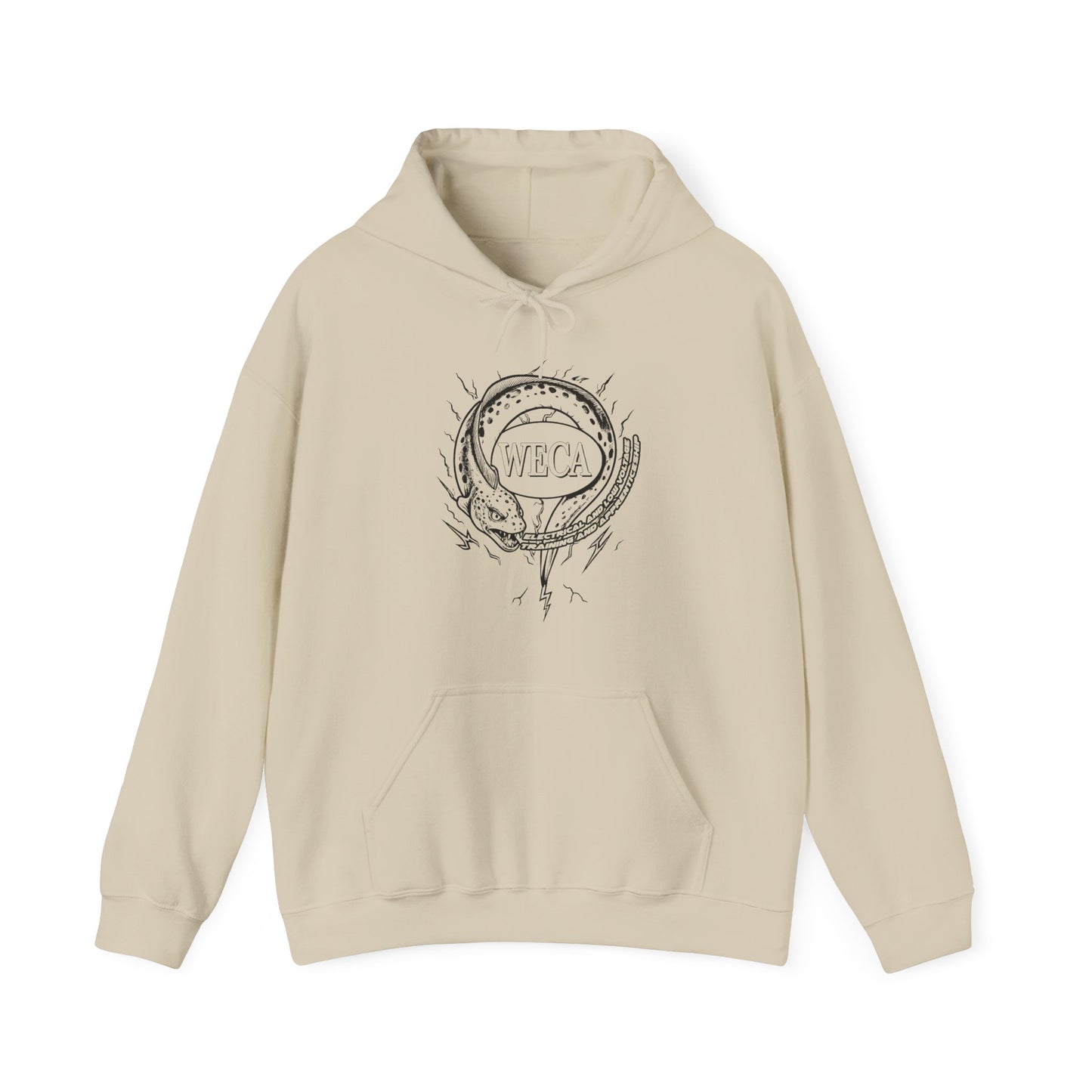 Unisex Heavy Blend™ Hooded Sweatshirt with WECA Electric Eel Mascot Black Line Logo Design
