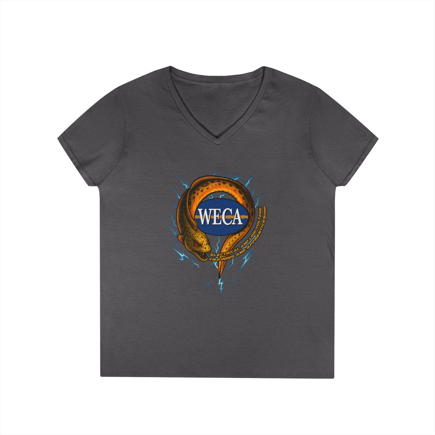 Ladies' Cut V-Neck T-Shirt with WECA Electric Eel Mascot Gold Design