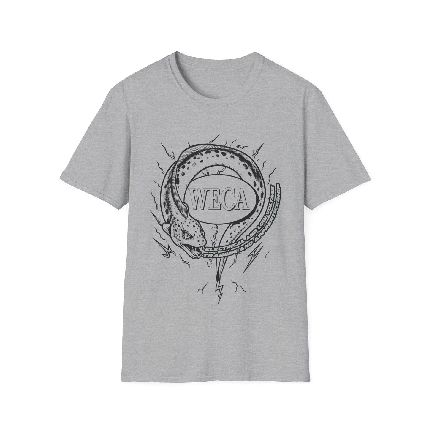 Unisex Softstyle T-Shirt with with WECA Electric Eel Mascot Black Line Logo