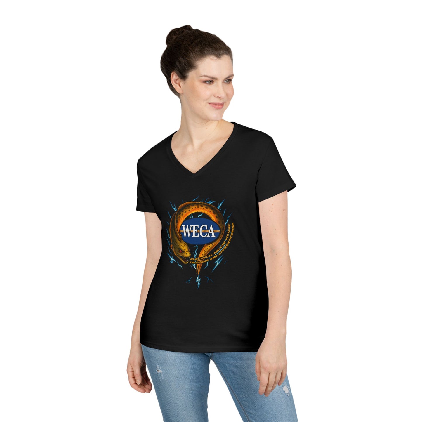 Ladies' Cut V-Neck T-Shirt with WECA Electric Eel Mascot Gold Design