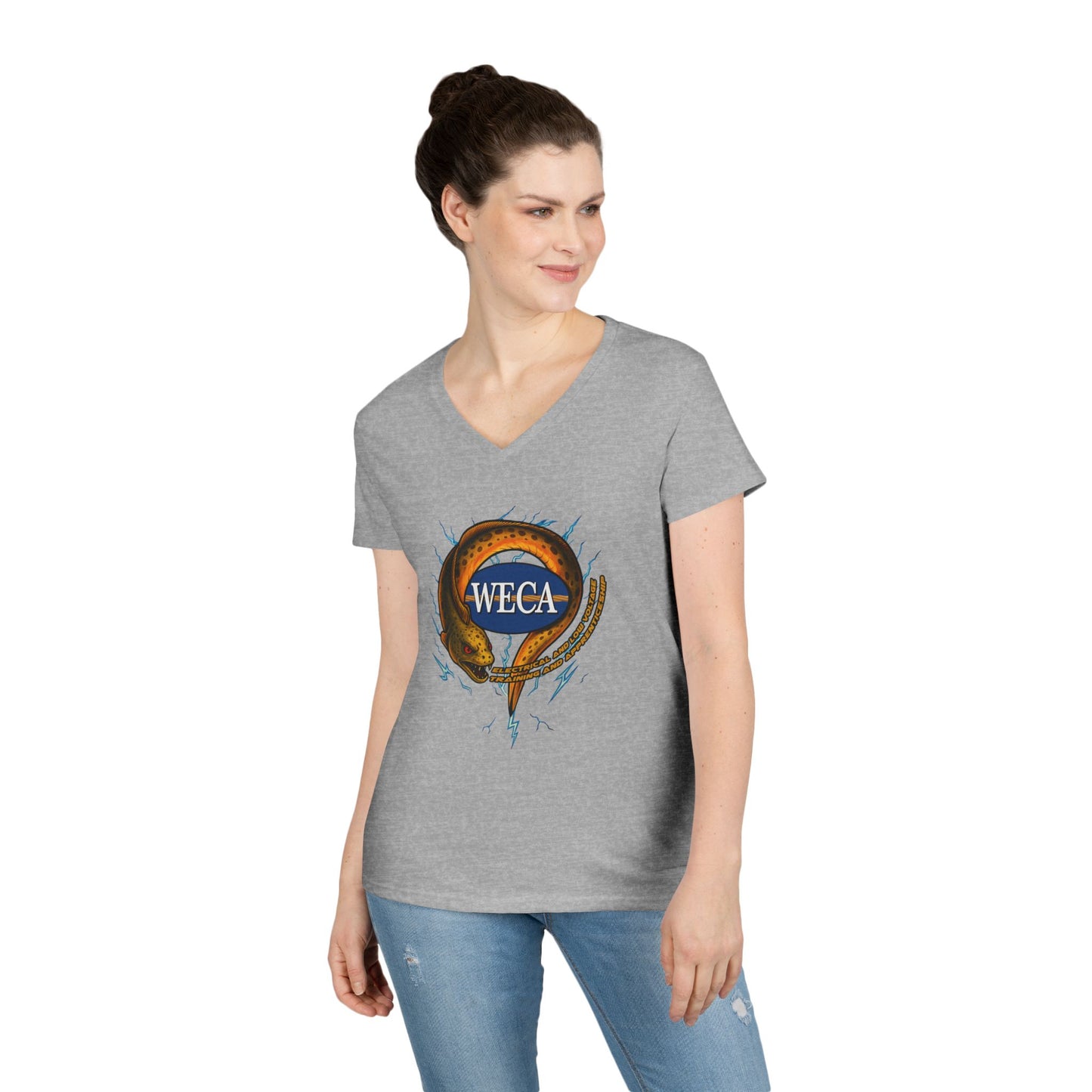 Ladies' Cut V-Neck T-Shirt with WECA Electric Eel Mascot Gold Design