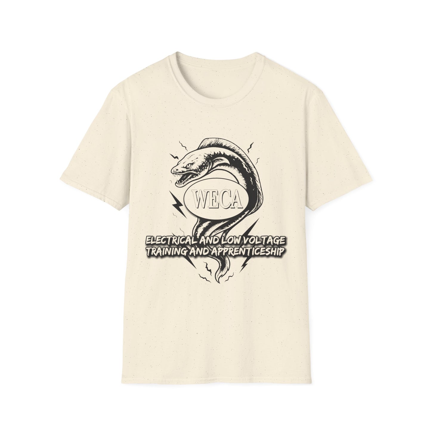 Unisex Softstyle T-Shirt with with WECA Wattson the Electric Eel Mascot Black Line Logo Design Two