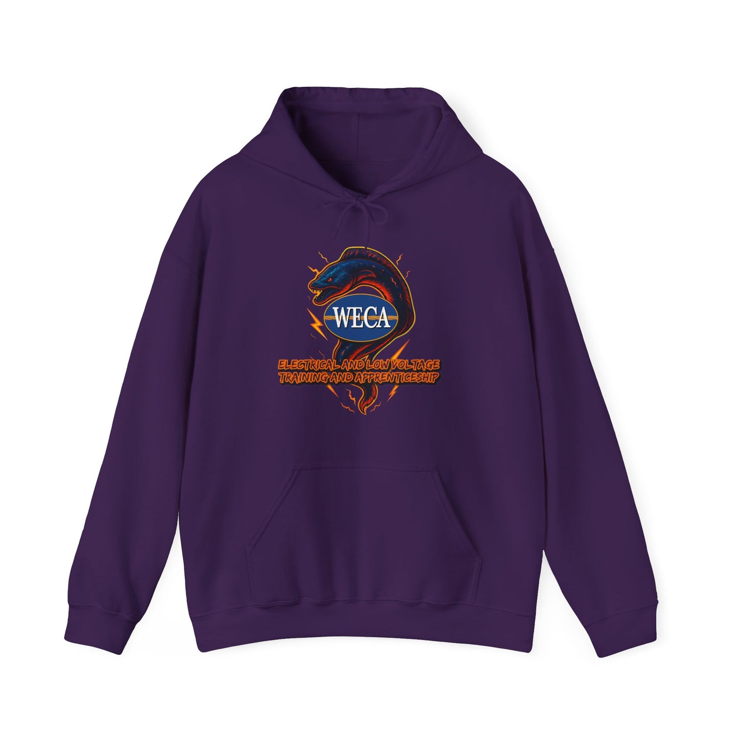 Unisex Heavy Blend™ Hooded Sweatshirt with WECA Electric Eel Blue Mascot Logo