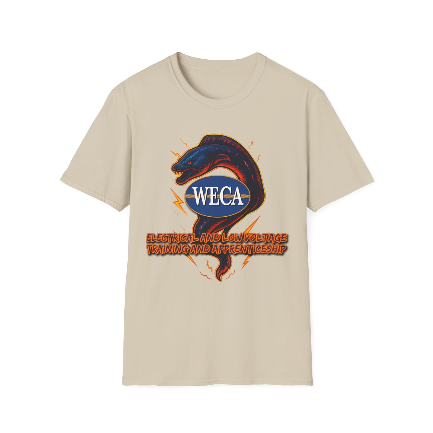Unisex Softstyle T-Shirt with with WECA Electric Eel Mascot Blue Logo