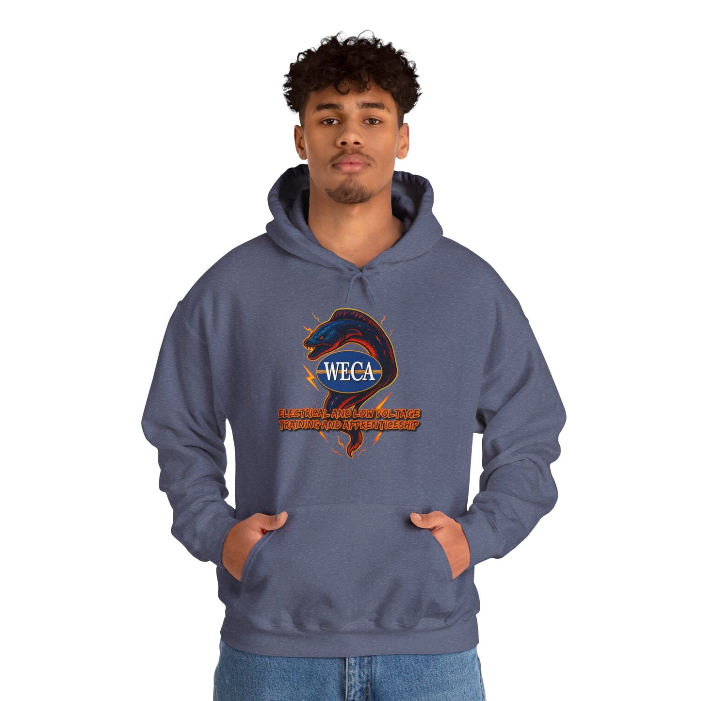 Unisex Heavy Blend™ Hooded Sweatshirt with WECA Electric Eel Blue Mascot Logo