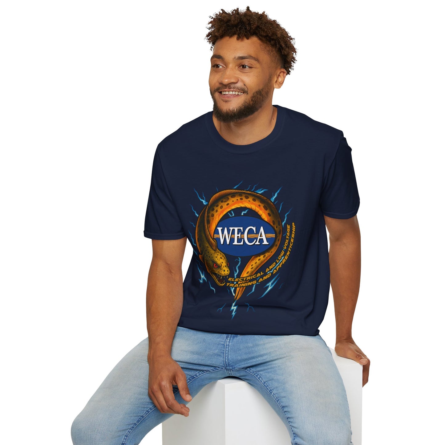 Unisex Softstyle T-Shirt with with WECA Electric Eel Mascot Gold Logo